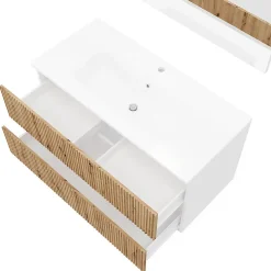 Meuble Salle De Bains Suspendu 100Cm Blanc Avec Tiroirs Chêne Doré Canné - Salina