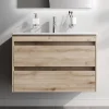 Meuble salle de bains suspendu 80 cm effet bois clair avec lavabo intégré, 2 tiroirs, design, chêne clair texturé AM.PM