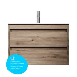 Meuble salle de bains suspendu 80 cm effet bois clair avec lavabo intégré, 2 tiroirs, design, chêne clair texturé AM.PM
