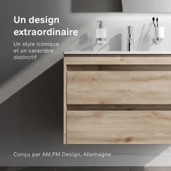 Meuble salle de bains suspendu 80 cm effet bois clair avec lavabo intégré, 2 tiroirs, design, chêne clair texturé AM.PM
