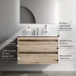 Meuble salle de bains suspendu 80 cm effet bois clair avec lavabo intégré, 2 tiroirs, design, chêne clair texturé AM.PM