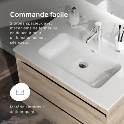 Meuble salle de bains suspendu 80 cm effet bois clair avec lavabo intégré, 2 tiroirs, design, chêne clair texturé AM.PM