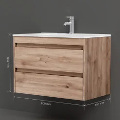 Meuble salle de bains suspendu 80 cm effet bois clair avec lavabo intégré, 2 tiroirs, design, chêne clair texturé AM.PM