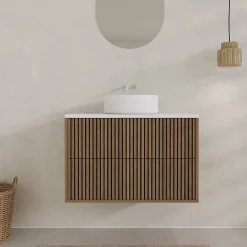 Meuble Salle de Bains YUKI 80 2 Tiroirs Décor Chêne et Noir Cranté - Plan et Vasque Blanche Mate