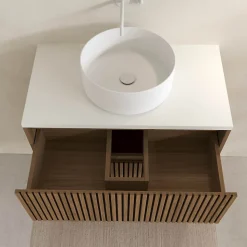 Meuble Salle de Bains YUKI 80 2 Tiroirs Décor Chêne et Noir Cranté - Plan et Vasque Blanche Mate
