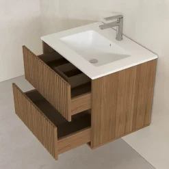 Meuble Salle de Bains YUKI 60 - 2 Tiroirs Décor Chêne et Noir - Vasque Blanche - Miroir LED 60