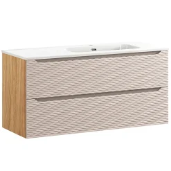 Meuble simple vasque encastree droite 120cm 2 tiroirs Elora Beige et bois
