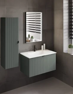 Meuble sous double vasque suspendu HARMO 100 cm Façade rainuré vert semi-mat