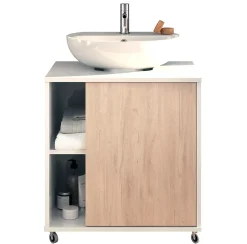 Meuble sous lavabo 1 porte coloris Blanc brillant / effet bois - Hauteur 64 x Longueur 59 x Profondeur 45 cm