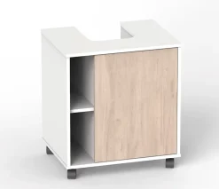 Meuble sous lavabo 1 porte coloris Blanc brillant / effet bois - Hauteur 64 x Longueur 59 x Profondeur 45 cm
