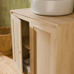 Meuble sous lavabo décor bois et cannage Bohème 65 x 40 x 70 cm naturel