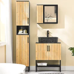 Meuble sous Lavabo Salle de Bain 60 cm en Bambou et Métal pour Espace Réduit, BZR202-SCH