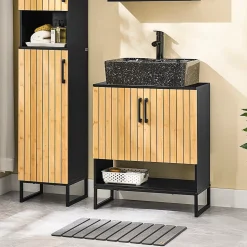 Meuble sous Lavabo Salle de Bain 60 cm en Bambou et Métal pour Espace Réduit, BZR202-SCH