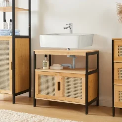 Meuble sous lavabo Tervola bambou 60 x 60 x 35 cm noir naturel aspect rotin en.casa