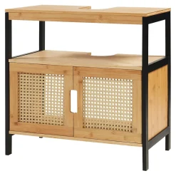 Meuble sous lavabo Tervola bambou 60 x 60 x 35 cm noir naturel aspect rotin en.casa
