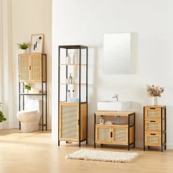 Meuble sous lavabo Tervola bambou 60 x 60 x 35 cm noir naturel aspect rotin en.casa