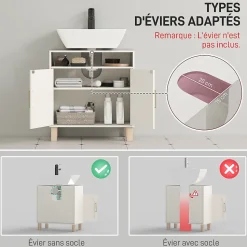 Meuble sous vasque - 2 portes, étagère, niche - MDF crème