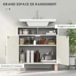 Meuble sous vasque - 2 portes, étagère, niche - MDF crème
