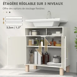 Meuble sous vasque - 2 portes, étagère, niche - MDF crème