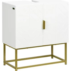Meuble sous vasque - 2 portes - dim. 60L x 30l x 65H cm - acier doré MDF blanc