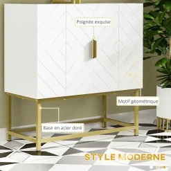 Meuble sous vasque - 2 portes - dim. 60L x 30l x 65H cm - acier doré MDF blanc