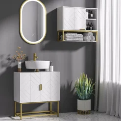 Meuble sous vasque - 2 portes - dim. 60L x 30l x 65H cm - acier doré MDF blanc
