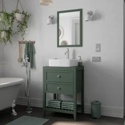 Meuble sous vasque à poser l.60 cm vert + plan de toilette effet marbre blanc Cadélia, GoodHome Perma