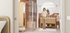 Meuble sous vasque à poser 4 tiroirs 1 niche placage chêne l.120 cm Perma + plan double vasque céramique blanc Nira, GoodHome