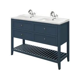 Meuble sous vasque à poser 4 tiroirs 1 niche bleu mat l.120 cm Perma + plan double vasque Lana, GoodHome