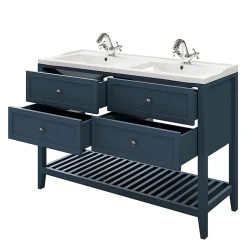 Meuble sous vasque à poser 4 tiroirs 1 niche bleu mat l.120 cm Perma + plan double vasque Lana, GoodHome