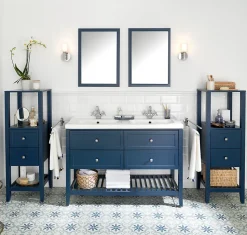 Meuble sous vasque à poser 4 tiroirs 1 niche bleu mat l.120 cm Perma + plan double vasque Lana, GoodHome
