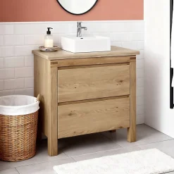 Meuble sous vasque à poser chêne massif et plaqué chêne l.90 cm + plan de toilette en chêne, Cooke & Lewis Harmon