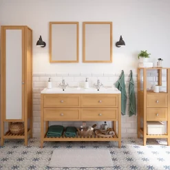 Meuble sous vasque à poser 4 tiroirs 1 niche placage chêne l.120 cm Perma + plan double vasque céramique blanc Lana, GoodHome