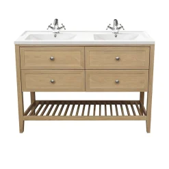 Meuble sous vasque à poser 4 tiroirs 1 niche placage chêne l.120 cm Perma + plan double vasque céramique blanc Lana, GoodHome