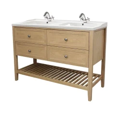 Meuble sous vasque à poser 4 tiroirs 1 niche placage chêne l.120 cm Perma + plan double vasque céramique blanc Lana, GoodHome