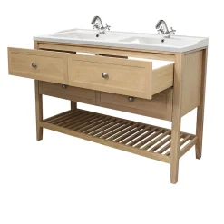 Meuble sous vasque à poser 4 tiroirs 1 niche placage chêne l.120 cm Perma + plan double vasque céramique blanc Lana, GoodHome