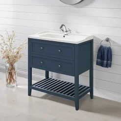 Meuble sous vasque à poser 2 tiroirs 1 niche bleu mat l.80 cm Perma + plan vasque Lana, GoodHome
