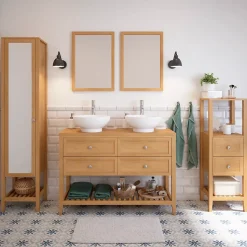 Meuble sous vasque à poser 4 tiroirs 1 niche placage chêne l.120 cm + plan de toilette placage chêne, GoodHome Perma
