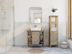 Meuble sous vasque à poser avec plan de toilette l.84 x H.80 x P.50 cm, 1 porte, placage chêne et cannage, Thiam