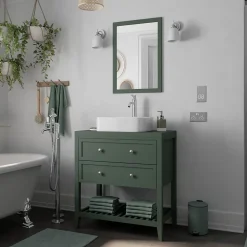Meuble sous vasque à poser l.80 cm vert + plan de toilette effet marbre blanc Cadélia, GoodHome Perma