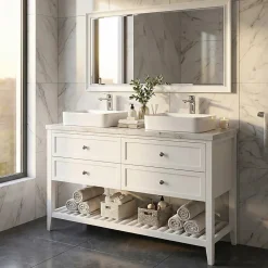 Meuble sous vasque à poser 4 tiroirs 1 niche blanc mat l.120 cm + plan de toilette, GoodHome Perma