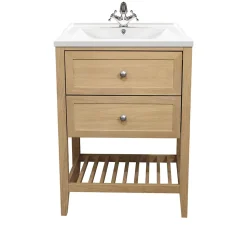 Meuble sous vasque à poser 2 tiroirs 1 niche placage chêne l.60 cm Perma + plan vasque blanc Lana, GoodHome