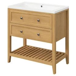 Meuble sous vasque à poser 2 tiroirs placage chêne l.80 x H.80,6 x P.45 cm, GoodHome Perma