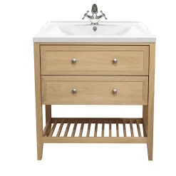 Meuble sous vasque à poser 2 tiroirs 1 niche placage chêne l.80 cm Perma + plan vasque blanc Lana, GoodHome