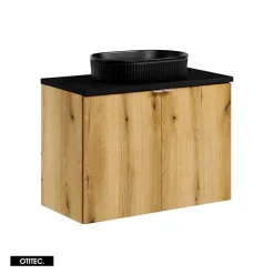 Meuble sous vasque de 80 cm - avec vasque à poser - avec plan - Noir/Oak - 2 portes - VOLTA OAK