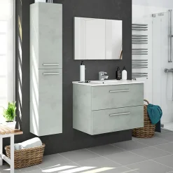 Meuble sous vasque de salle de bain Suspendu 80 cm + miroir coloris béton - Hauteur 57 x Longueur 80 x Profondeur 45 cm