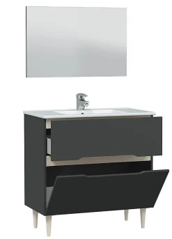 Meuble sous vasque en panneaux de particules mélaminés coloris noir avec miroir - Longueur 80 x Profondeur 45 x Hauteur 80 cm