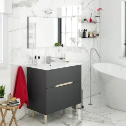 Meuble sous vasque en panneaux de particules mélaminés coloris noir avec miroir - Longueur 80 x Profondeur 45 x Hauteur 80 cm