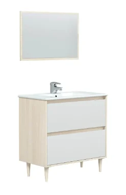 Meuble sous vasque en panneaux de particules mélaminés coloris chêne avec miroir - Longueur 80 x Profondeur 45 x Hauteur 80 cm