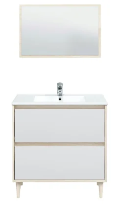 Meuble sous vasque en panneaux de particules mélaminés coloris chêne avec miroir - Longueur 80 x Profondeur 45 x Hauteur 80 cm